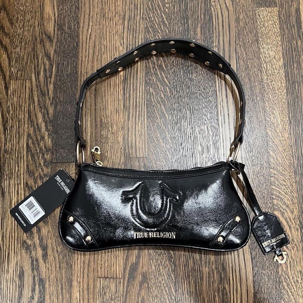 True Religion Black Leather Purse Studded Shoulder Bag Gold Hardware